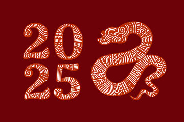 Happy Chinese New Year 2025. Snake zodiac with lanterns, cloud on red background for card design. China lunar calendar animal. Translation happy new year 2025, year of the snake. Vector
