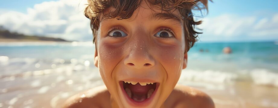 A teenage boy looking excited in a close-up shot, celebrating World Drowning Prevention Day at a beach