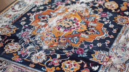 Vibrant oriental rug with intricate patterns, enhancing stylish home decor