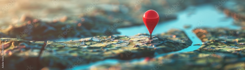 Poster view of a red location pin on a detailed textured map, symbolizing navigation and destination. blurr