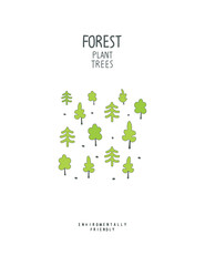 Vector hand drawn cartoon sketch of green forest . Green spruce and deciduous trees.  Illustration of Environmentally friendly planet. Stop deforestation concept. Minimal design.