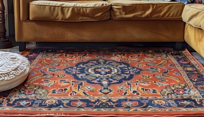 Traditional oriental rug with rich colors, intricate details, centerpiece of cozy living rooms