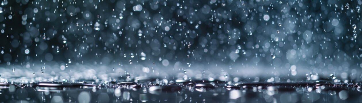 raindrops splashing on a reflective surface during a heavy rainstorm, capturing nature's beauty and the essence of weather.