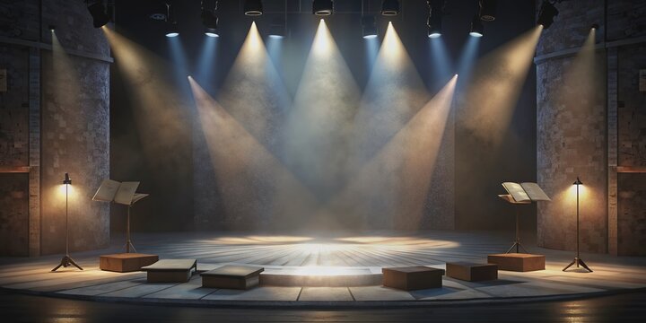 Empty stage spotlights shine on two scripts lying open, abandoned rehearsals notes scattered around, conveying intense preparation for a theatrical performance seeking awards recognition.