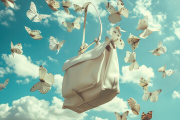 Butterflies flutter around as bag drifts in the serene sky