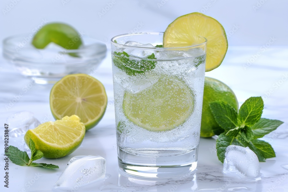 Poster classic lemonade with lemon slices and mint leaves set on a white table for a refreshing and clean v