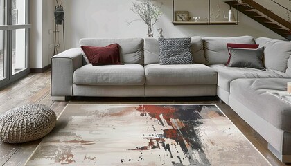 Soft wool rug with modern abstract design, neutral palette, perfect for home decor