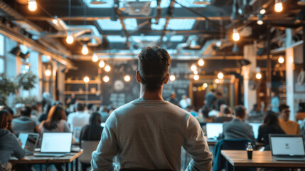 A man stands in front of a crowd of people in a room with many laptops