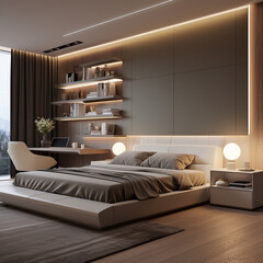 luxurious and modern bedroom interiors featuring sleek design elements, stylish furniture, soft lighting, and large windows, creating a sophisticated and comfortable living space