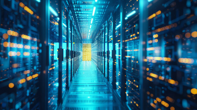 A computer server room with a yellow door
