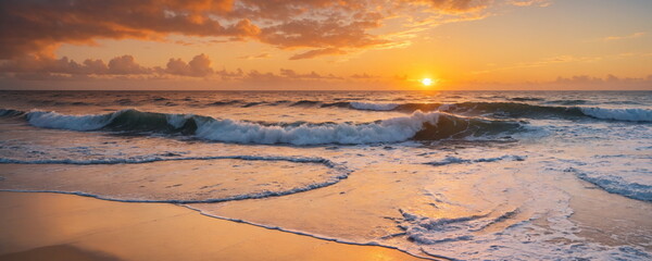 The setting sun casts a warm glow on the horizon, highlighting the foamy crests of waves crashing on the shore. The dramatic play of light and water creates a serene atmosphere.