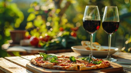 Pizza and Wine in a Garden Setting