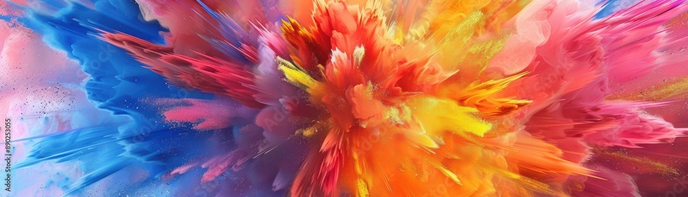 Poster vibrant explosion of colorful abstract paint splashes creating dynamic and energetic composition. id