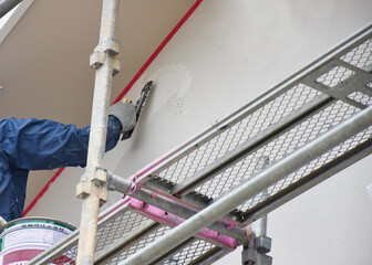 House Exterior Repair with Stucco Wall &ndash; Home Renovation Work Site　住宅の塗り壁の外壁修繕現場