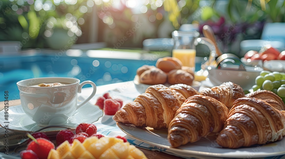 Sticker A plate of croissants and fruit is on a table next to a cup of coffee