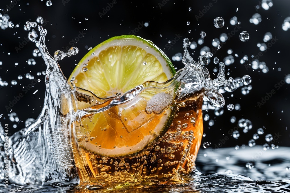 Poster dynamic splash of lemon in cola capturing the refreshing and energetic essence of the drink with dra