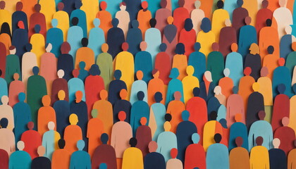 A sea of colorful, faceless figures representing a large crowd gathered together at an outdoor setting, possibly symbolizing diversity or unity in a group