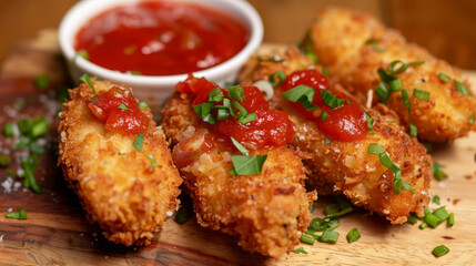 Fototapeta premium Board with tasty fried popcorn chicken, served with sauce and basil, set against a colorful background.