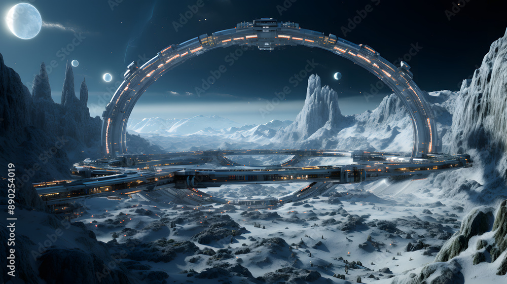 Aufkleber a futuristic space station orbits a snowy, alien planet. the station is a large, circular structure 