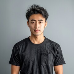 Fototapeta premium Young Man Wearing Black T-Shirt in Front of a Gray Background