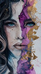 Harmonious Beauty: Golden Leaves Adorn Wavy-Haired Muse in a Marble Half-Mask