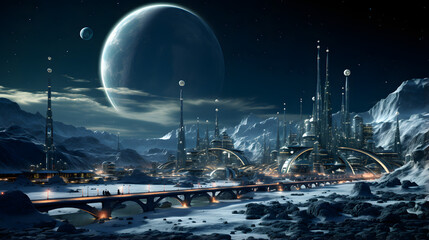 A futuristic city on a distant planet, lit by a crescent moon. The city is built into the side of a snowy mountain, and a bridge spans a river leading to the city.