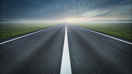 Naklejka premium Dark grey asphalt road stretches to horizon, lined with bright white markings, surrounded by blurred greenery, creating a sleek and modern abstract background texture.