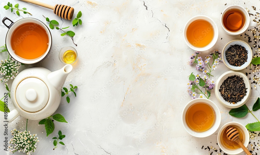 Canvas Prints A white tea set is surrounded by various teas and flowers