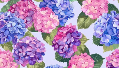 Watercolor Illustration of Pink, Blue, and Purple Hydrangeas With Green Leaves