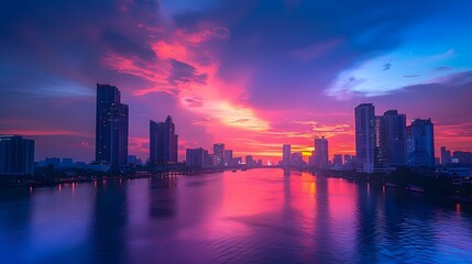 Fototapeta premium Vibrant Sunset Cityscape with Reflections in the River Peaceful Urban Landscape