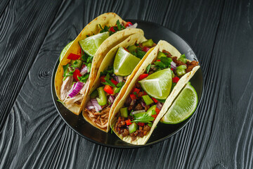 set of delicious juicy tacos on black wooden rustic background