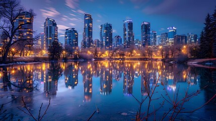 Enchanting Evening Cityscape with Towering Skyscrapers Reflected in the Tranquil Water