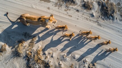A mother lion is leading her cubs across a dirt road
