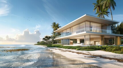 Create a prompt for a photo realistic image of a beachfront contemporary residence with panoramic views, glass walls, and sleek design.