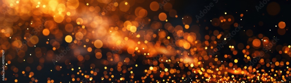 Poster abstract glowing golden bokeh lights and sparkling particles on a dark background, creating a festiv
