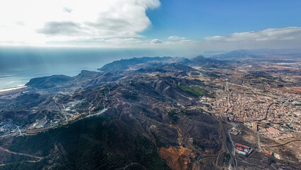 Fototapeta premium Aerial view of the Cartagena-La Unión mining mountain range, Cartagena, Region of Murcia, Spain