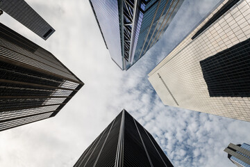 Low-angle view of modern skyscrapers in Lower Manhattan, New York City. 