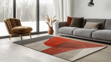 Handmade wool rug with minimalist design, soothing colors, perfect for modern living rooms