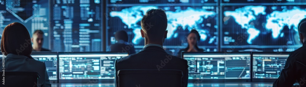 Poster a team of professionals monitors global data on large screens in a modern control room, focusing on 