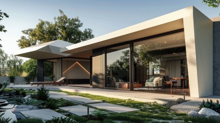 A contemporary home with a unique geometric design, large sliding glass doors, and a minimalist garden.