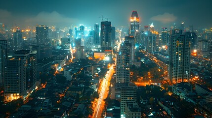 Obraz premium Cityscape Illuminated with Vibrant Nighttime Lights and Bustling Streets