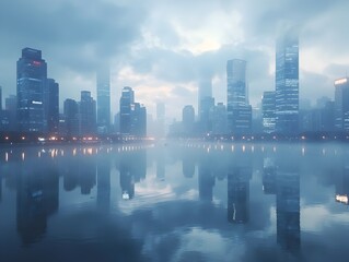 Obraz premium Misty City Skyline at Dawn Skyscrapers Reflected on Tranquil River
