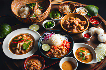 Group of favorite Thai Food, Tom Yam Kung, chicken, beef and pork on wood table.