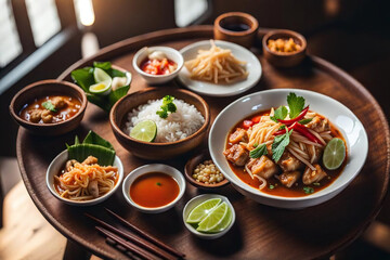 Group of favorite Thai Food, Tom Yam Kung, chicken, beef and pork on wood table.