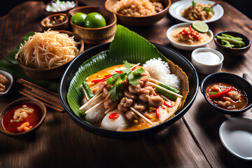 Group of favorite Thai Food, Tom Yam Kung, chicken, beef and pork on wood table.