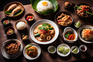 Group of favorite Thai Food, Tom Yam Kung, chicken, beef and pork on wood table.