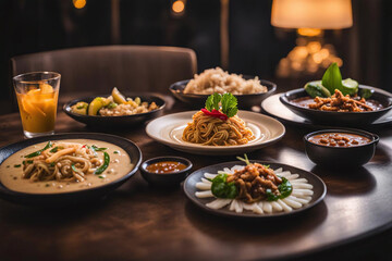 Group of favorite Thai Food, Tom Yam Kung, chicken, beef and pork on wood table.