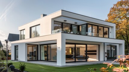Obraz premium A contemporary, modular home with a clean, white exterior, large windows, and a smart home automation system.