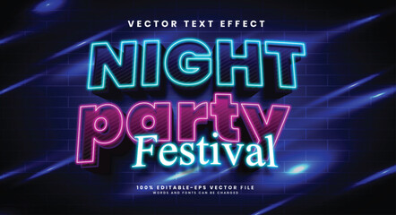 Night music festival 3d editable vector text effect, with neon light style.