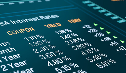 Interest rates rises, close up trading screen. Stock market and exchange monitor with bond information, financial figures, exchange rates. 3D illustration